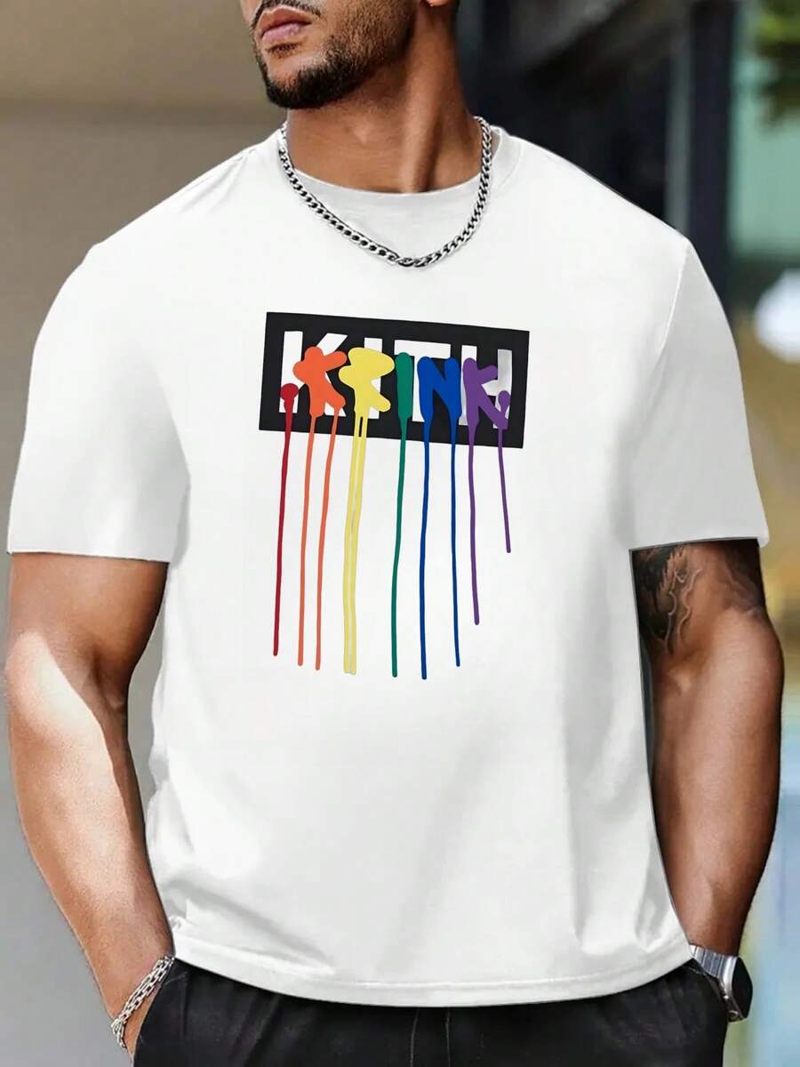 T-shirt da uomo con stampa arcobaleno, scollo tondo, 220 g/m², manica corta in puro cotone estivo (1 pezzo)