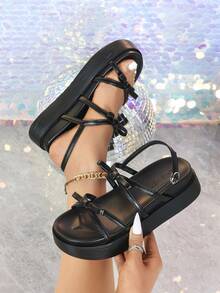 Women's Platform Wedge Heel Sandals, Black Waterproof Thick-Bottom High Heel Slide Sandals, Fashion Double Layer Thick-Bottom Shoes With Buckle & Bow - Black - View 1