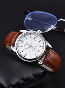 LONGLUX 1pc Men's Waterproof Self-Winding Mechanical Watch With Luminous Dial, Business Leather Band