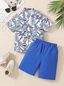 2pcs/Set Tween Boys' Hawaiian Vacation Tropical Leaves Print Short Sleeve Shirt And Shorts Set, Perfect For Summer Casual & Outdoor Wear