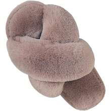 Local Delivery--LZLER Women's Cross Band Slippers, Soft Plush Fleece Lightweight Non Slip Open Toe Flip Flop Shoes House Indoor Outdoor Fur Fuzzy Slippers - Coffee - 查看 1