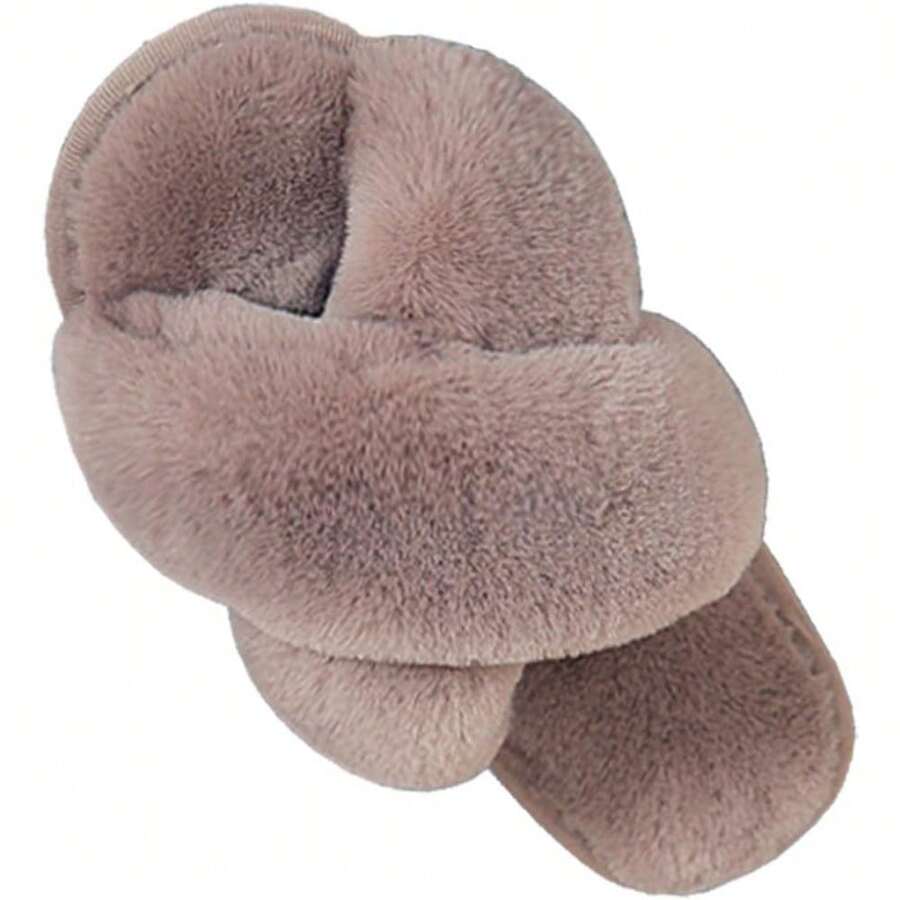 Local Delivery--LZLER Women's Cross Band Slippers, Soft Plush Fleece Lightweight Non Slip Open Toe Flip Flop Shoes House Indoor Outdoor Fur Fuzzy Slippers - Coffee - 查看 1
