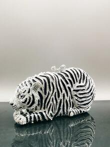 奢华动物图案水晶手拿包，金色水钻虎形晚宴包，适合女士婚礼、舞会、晚宴/宴会，最佳礼物 - 銀色 - 查看 3