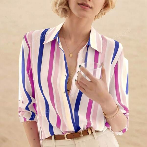Women's Fashion Striped Print Long Sleeve Single-Breasted Casual Blouse