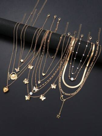13pcs/Set Minimalist Heart, Butterfly, Star, Moon & Round Faux Pearl Necklace Set, Gift For Women, Suitable For Date, Vacation & Daily Wear