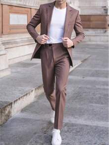 Men's Striped Business Casual Suit Set, Including Jacket And Pants - Burgundy - View 1
