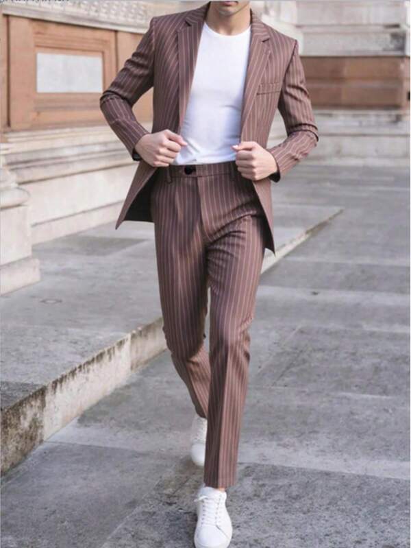 Men's Striped Business Casual Suit Set, Including Jacket And Pants