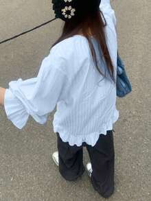 Spring New Asymmetric Hem Striped Long Sleeve Shirt For Women, Loose Fit With Double Pockets - Blue - View 4