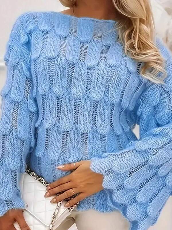 Spring & Autumn Plain Color Elegant Casual Minimalist Versatile Round Neck Hollow Out Loose Long Sleeve Knitted Sweater, Plus Size