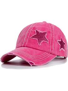 1 Piece Wash Worn-Out Ponytail Baseball Cap With Powder Dispersed Five-Pointed Star Pattern, Unisex, Adjustable Outdoor Sun Protection Casual Soft Top Hat For Spring And Autumn, Travel, Beach Vacation, Outdoor Activities Sun Hat, Y2K Style Youth Hat