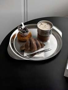 1 pièce Plateau rond en acier inoxydable à double poignée, plateau de service pour les collations, le café, le thé, les desserts dans le style de café