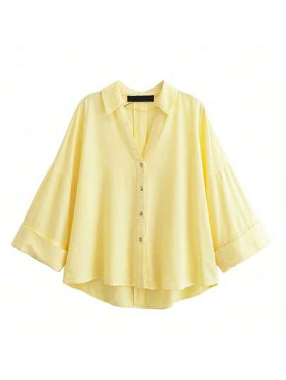 Women's Turndown Collar Long Sleeve Shirt, Fashion Yellow Unique Single-Breasted Loose Casual Blouse Spring