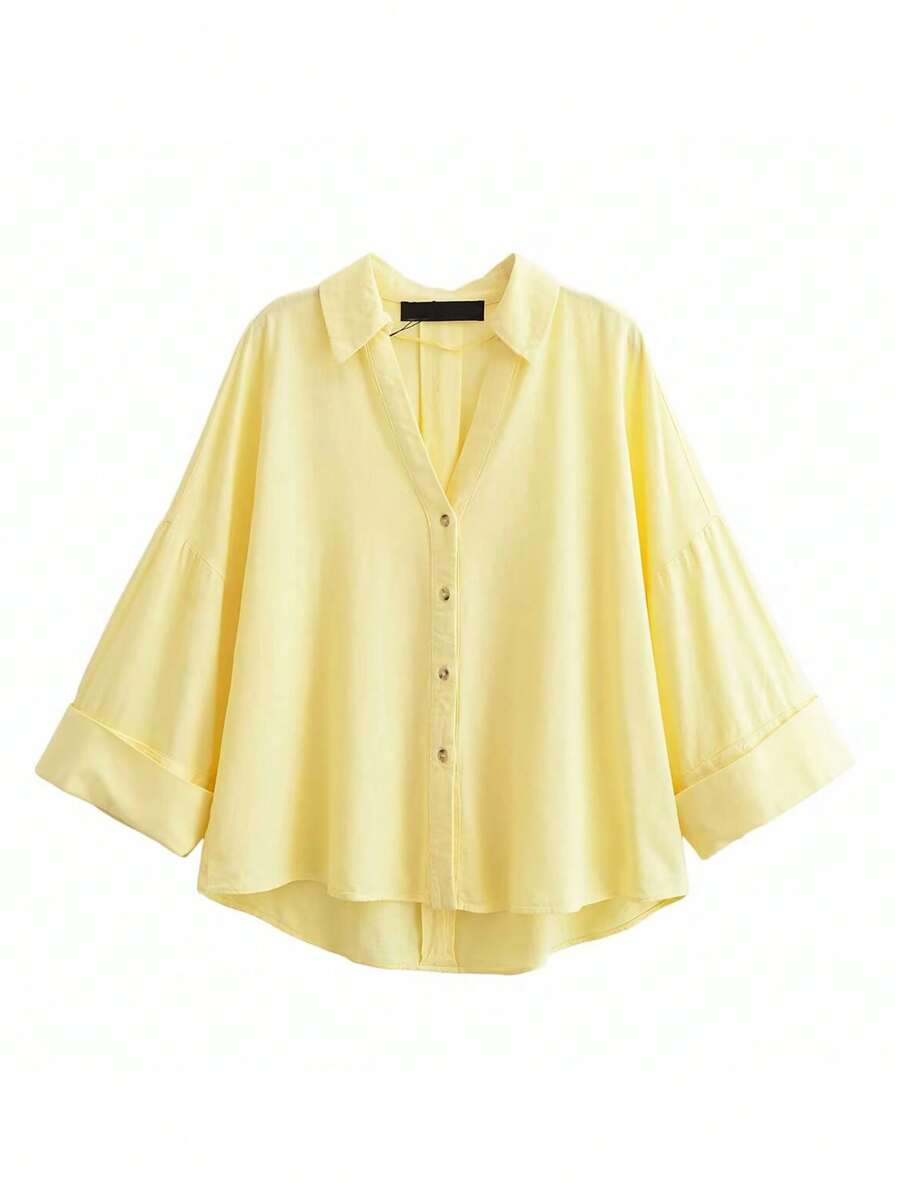 Women's Turndown Collar Long Sleeve Shirt, Fashion Yellow Unique Single-Breasted Loose Casual Blouse - Yellow - View 1