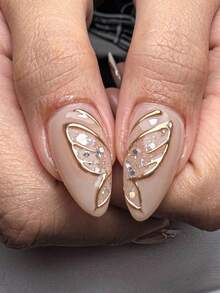 10pcs Handmade Autumn Nail Stickers, Short Nails, Almond Shape Nails, French Manicure, Gold Nails, White Nails, Pink Nails, Cute Nails, Handcrafted Gel, Decorated With Gold Butterfly Texture And Tripartite Texture, Asymmetric 3D Gold Edge French Manicure Nail Stickers, Gold Bow Decor On Nail Surface, Includes Nail Tools, Reusable Short Nail Stickers. - Gold - View 2