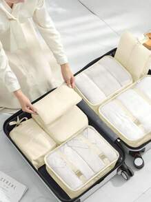 7 Stücke/Set tragbare Reise-Organizer Taschen - einfach zum Organisieren von Kleidung, Schuhen und Unterwäsche - ideal zum Packen von Koffern. Modische Reise-Beutel mit Slogan-Grafiken, geeignet für Schuhe, Toilettenartikel und Wäschebeutel, Schulmaterial, Deko für Studentenzimmer, Schlafzimmer-Aufbewahrung, Must-Haves für Studenten und Lehrer, Kleidungsorganizer, Reiseaccessoires, im Boho-Stil