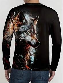 Comoda maglietta a girocollo con stampa integrale di lupo vivace - Moda uomo, stampa a motivo casual per uso quotidiano, all'aperto e attività domestiche, autunno