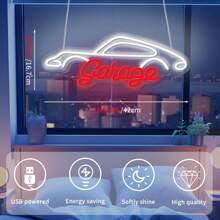 1 Stück LED Garagenschild, Neonlicht, per USB betrieben, wandmontierbar, mit Schalter, aus Kunststoff, Batterien nicht enthalten, geeignet für Garagendekoration, Autoliebhaber, Geschenk zum Vatertag