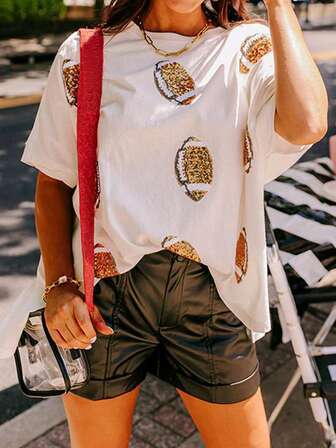 夏季亮片棒球刺绣运动休闲度假短袖T恤