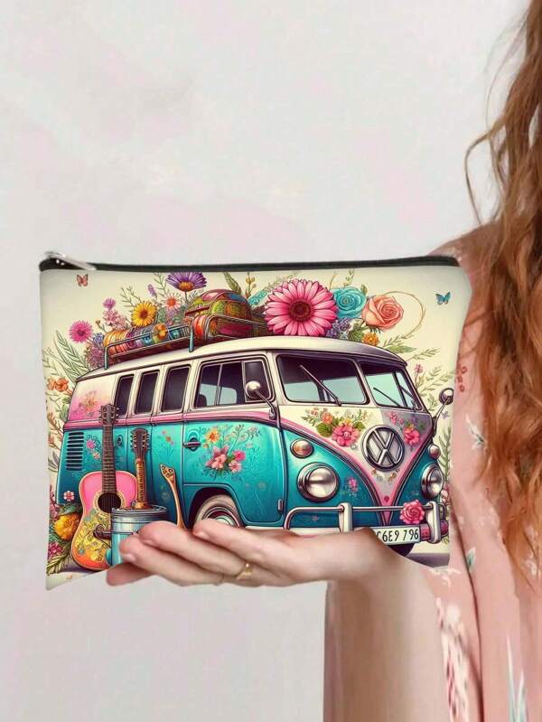 1 pièce Sac de maquillage Campeur Heureux - Design vintage de van rose vif et bleu, pochette de cosmétiques durable avec fermeture éclair sécurisée, pliable et léger, parfait pour les voyages et les cadeaux, sac de maquillage, sac d'urgence pour l'école