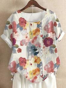 Plus Size Women Floral Print Round Neck Short Sleeve Button Design Casual Top - Multicolor - View 1