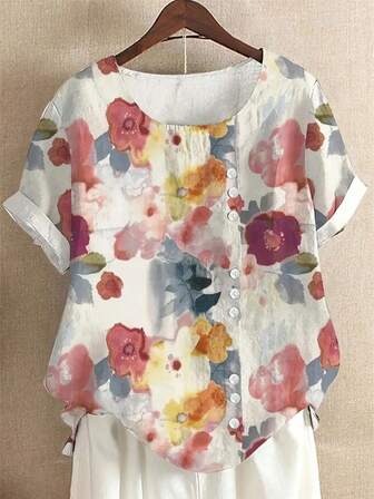 Plus Size Women Floral Print Round Neck Short Sleeve Button Design Casual Top