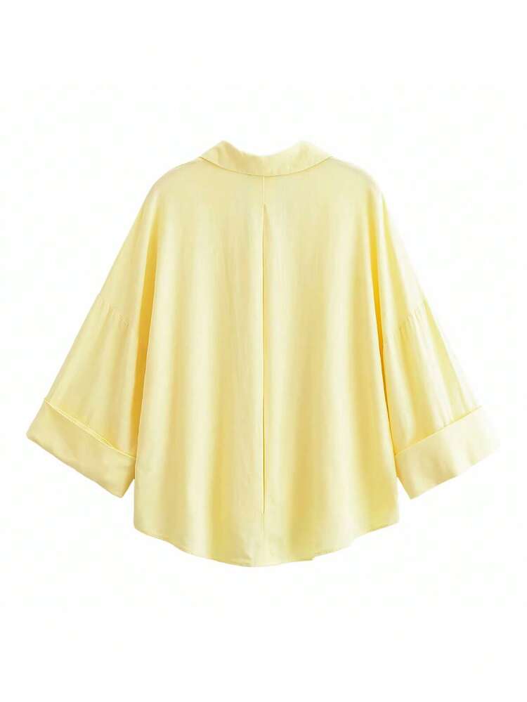 Women's Turndown Collar Long Sleeve Shirt, Fashion Yellow Unique Single-Breasted Loose Casual Blouse Spring - Yellow - View 2