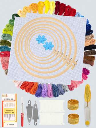 EDCUEBE7 77 piezas Kit de bordado para principiantes, 50 colores de suministros de bordado, kit de punto de cruz, set de inicio de bordado, accesorios de costura para adultos que incluyen enhebrador, tijeras, bobinador, agujas, etc., colores aleatorios