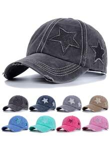 1 Piece Wash Worn-Out Ponytail Baseball Cap With Powder Dispersed Five-Pointed Star Pattern, Unisex, Adjustable Outdoor Sun Protection Casual Soft Top Hat For Spring And Autumn, Travel, Beach Vacation, Outdoor Activities Sun Hat, Y2K Style Youth Hat