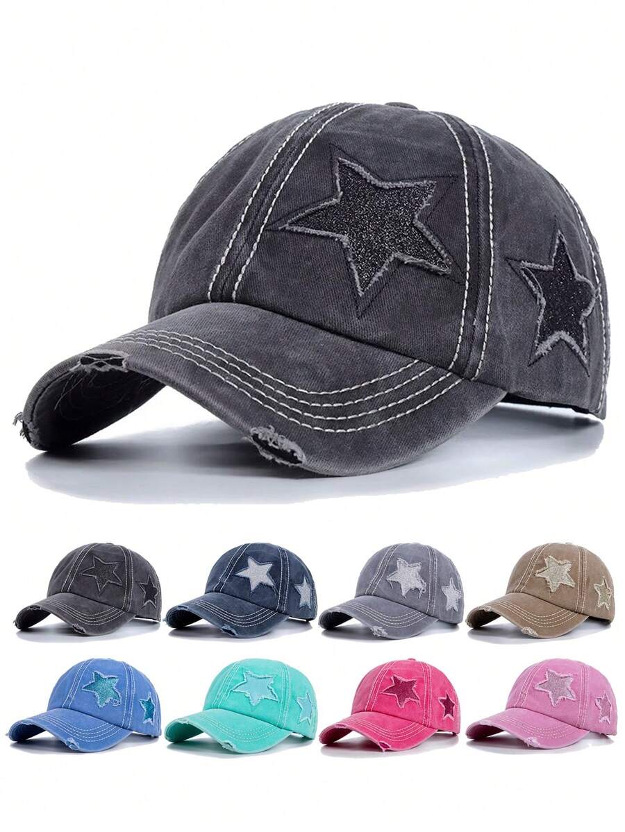1 Piece Wash Worn-Out Ponytail Baseball Cap With Powder Dispersed Five-Pointed Star Pattern, Unisex, Adjustable Outdoor Sun Protection Casual Soft Top Hat For Spring And Autumn, Travel, Beach Vacation, Outdoor Activities Sun Hat, Y2K Style Youth Hat
