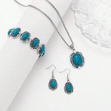 Un conjunto de cuatro piezas de pendientes ovalados grandes de aleación con estilo bohemio, un collar y una pulsera. Juego de cuatro pendientes con estilo occidental para mujer, adecuado para reuniones diarias