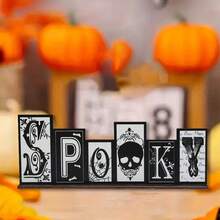 1 buah Dekorasi Meja Halloween, Hiasan Tengah Meja Kayu Berbentuk Hantu dan Kerangka - Desain Kastil dan Kelelawar, Sempurna untuk Dekorasi Meja Halloween dan Hadiah Unik - MultiWarna - View 3
