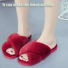 Local Delivery--LZLER Women's Cross Band Slippers, Soft Plush Fleece Lightweight Non Slip Open Toe Flip Flop Shoes House Indoor Outdoor Fur Fuzzy Slippers - 紅色 - 查看 2