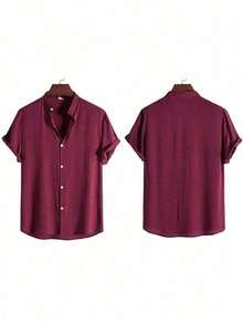 Men's Short Sleeve Linen Dress Shirt With Priest Collar - Summer Shirt - Cool Shirt - Beachwear - 酒紅色 - 查看 2