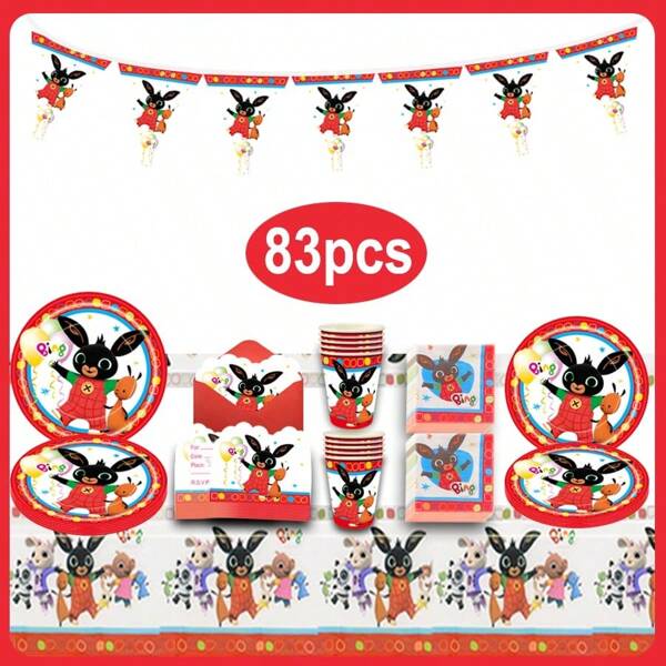 51 pezzi / 83 pezzi Articoli monouso ufficiali a tema Ice Bunny, decorazioni per feste, set di stoviglie usa e getta per compleanni, forniture e decorazioni per feste, decorazioni per tavolo