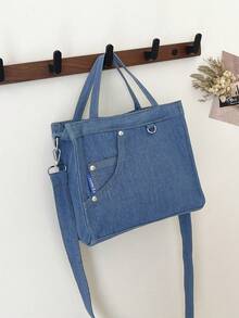 牛仔布包女新款时尚简约文艺百搭手提包单肩帆布包斜挎小方包背包 - 淺藍色 - 查看 8