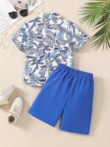 2pcs/Set Tween Boys' Hawaiian Vacation Tropical Leaves Print Short Sleeve Shirt And Shorts Set, Perfect For Summer Casual & Outdoor Wear