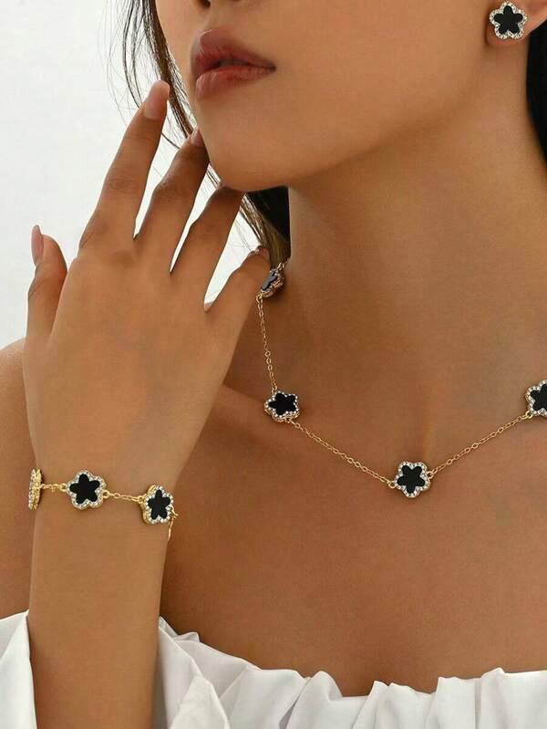Lucky 5-Leaf Clover Jewelry Set With Rhinestone, Necklace, Bracelet & Earrings For Women