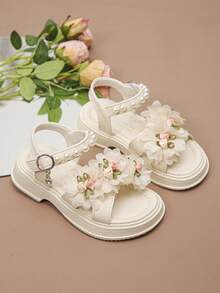 Girls' Fashionable & Cute Flower Pearl Design Flat Open Toe Sandals, Soft & Comfortable, Random Flower Placement Front & Back