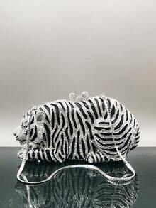 奢华动物图案水晶手拿包，金色水钻虎形晚宴包，适合女士婚礼、舞会、晚宴/宴会，最佳礼物 - 銀色 - 查看 5