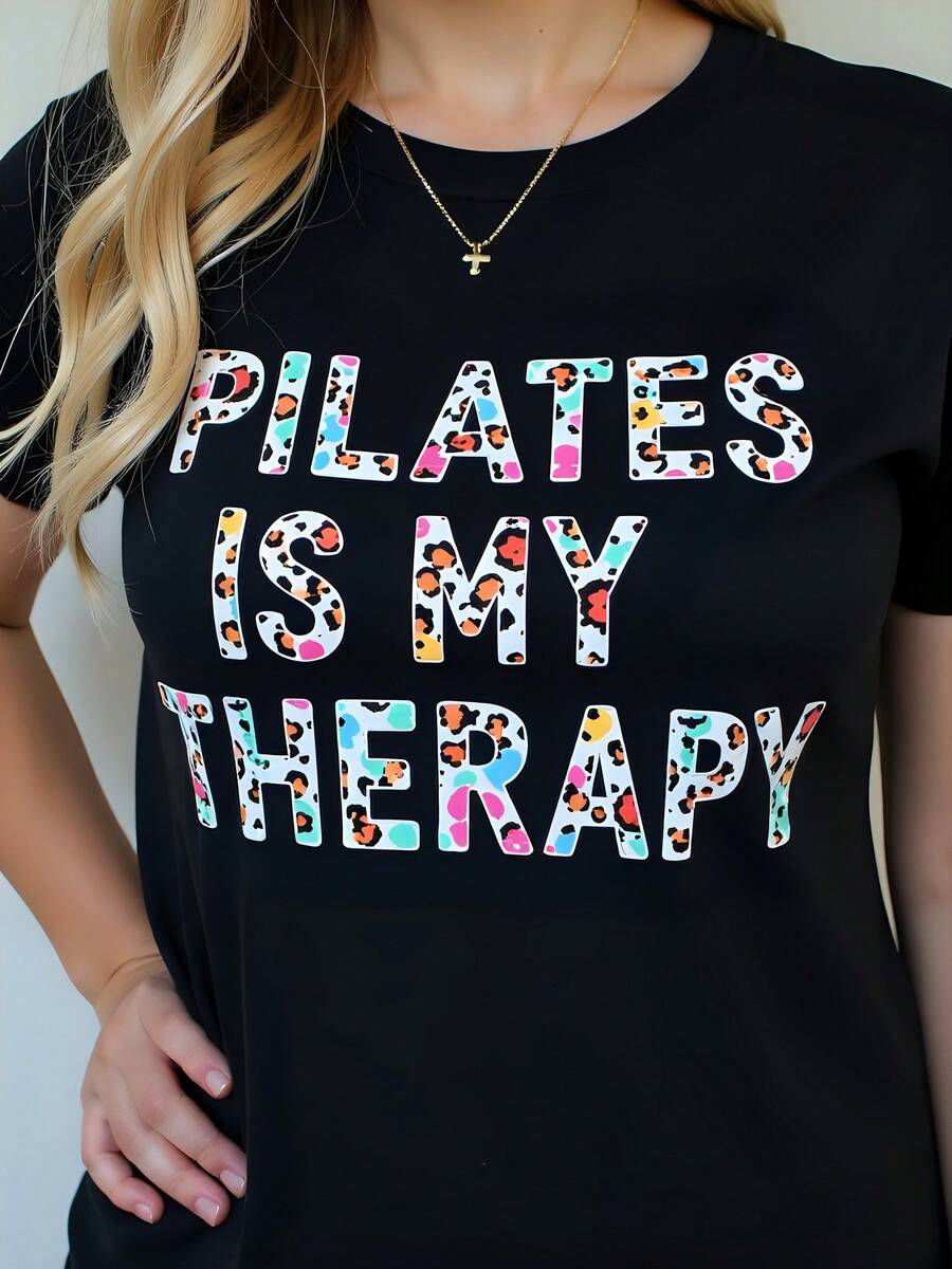Pilates Is My Therapy Black Cotton Short Sleeve Graphic Tee For Women 180g Crew Neck Casual Print T-Shirt Plus Size Ladies Spring Fashion Yoga Top Mother's Day Gift Plus Size Women
