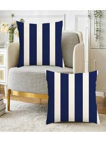 2pcs Navy Blue & White Striped Outdoor Throw Pillow Covers - Modern Minimalist Design, Suitable For Balcony, Garden, Patio, Tent, Rocking Chair, Deep Seat Sofa - Machine Washable Polyester Fabric, Zippered Closure, Ideal For Patio And Outdoor Space, Garden Decor | Striped Pillow Covers | Machine Washable, Outdoor Patio Decor - Blue - View 3