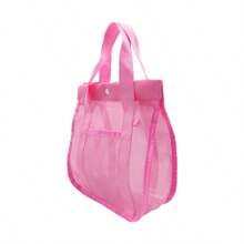 1 Stück Damen tragbare schnelltrocknende rosa Strandtasche, Design mit Buchstabenschnalle und Seitentasche, Aufbewahrung für Schwimmausrüstung, extragroße, multifunktionale, einfarbige Schulter-Mesh-Strandtasche für Spielsachen