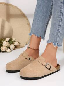 New Women's Thick Sole Round Toe Slip-On Mules, Canvas Apricot Color, Fashion Outdoor Slippers, All Season
