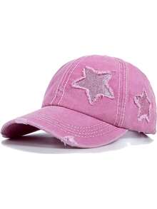 1 Piece Wash Worn-Out Ponytail Baseball Cap With Powder Dispersed Five-Pointed Star Pattern, Unisex, Adjustable Outdoor Sun Protection Casual Soft Top Hat For Spring And Autumn, Travel, Beach Vacation, Outdoor Activities Sun Hat, Y2K Style Youth Hat