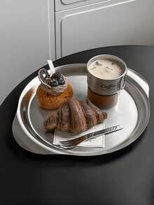 1 pièce Plateau rond en acier inoxydable à double poignée, plateau de service pour les collations, le café, le thé, les desserts dans le style de café