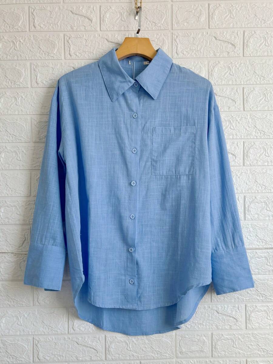 100% Cotton Faminina Long Sleeve Shirt - Màu xanh nhạt - Xem 1