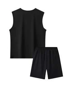 男士夏季无袖背心和短裤套装，个性化图案印花，时尚休闲沙滩/度假/钓鱼/篮球/健身两件套，配有抽绳裤，是送给丈夫或男朋友的绝佳夏季礼物 - 黑色 - 查看 2