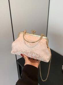 2025 New Chain & Sequin Embellished Evening Clutch Bag, Fashion Ladies Handbag, Shoulder & Crossbody Bag, Solid Color - Flower Pattern Random, Suitable For Shopping, Wallet, Student, Office Lady, Commuting, Outdoor Activity, Travel - Pink - View 9