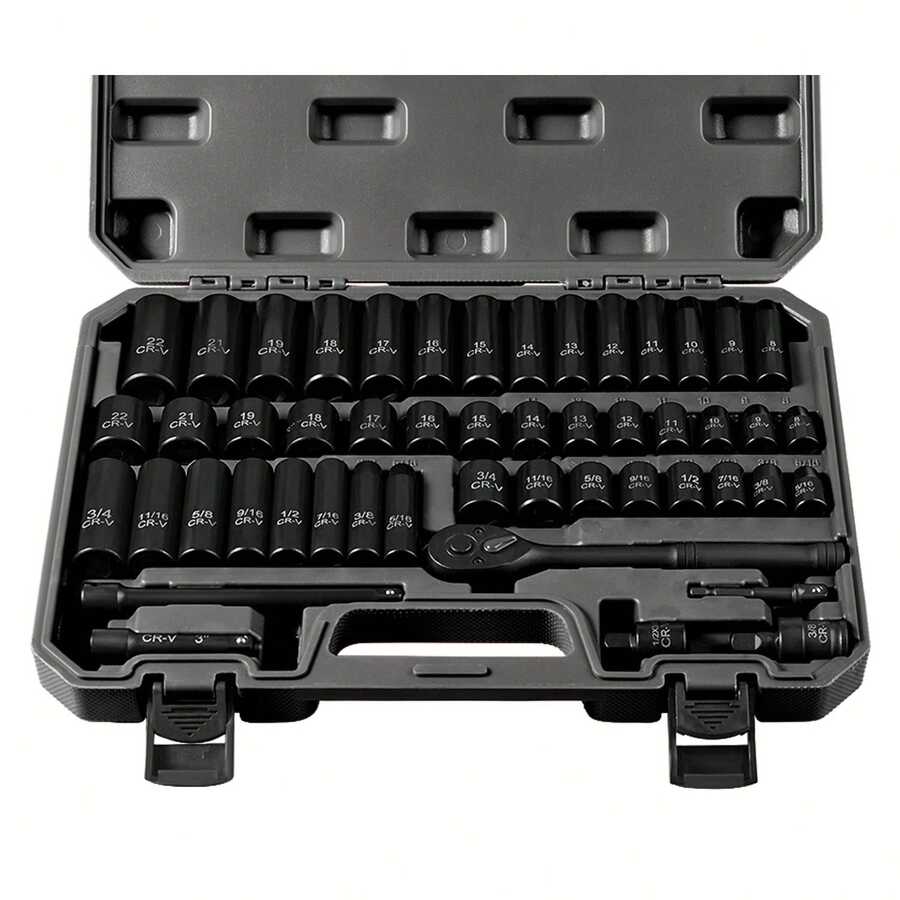 50pcs Impact Socket Set With 3/8" Drive Ratchet, SAE & Metric Sizes, 6-Point, Cr-V Steel, Includes Extension Bar & Universal Joint - For Mechanics & DIY Enthusiasts - Ideal For Automotive Repair & Maintenance Men's Best Gift - Black - View 1