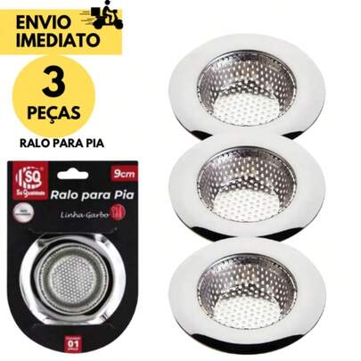 KIT 3 Ralo de Pia 9cm Aço Inox Filtro de Resíduos para Cozinha Evita Entupimentos e Cheiros com Tela Inox Prático e Resistente